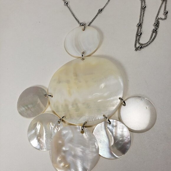 Women's 34" Polished Silver-tone Beaded Necklace & Drop Circle Seashell Pendant - Picture 8 of 8